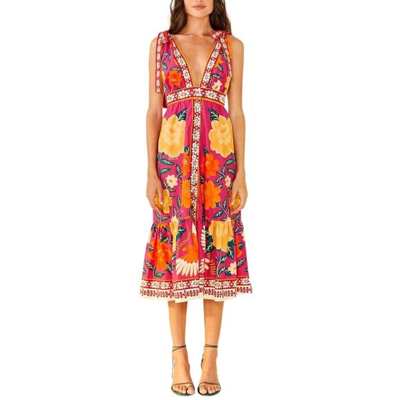 FARM Rio Dresses & Skirts - Farm Rio Pink Flower Tapestry Midi Dress